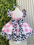 Vestido Infantil Xadrez Branco Rosa Fazendinha Vaquinha Laço