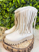 Bota Infantil Off White Bege Claro Cowgirl Franjas Camurça