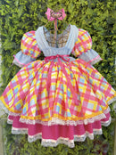 Vestido Junino Arraiá Festas Azul Xadrez Colorido