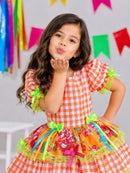 Vestido Infantil Junino Caipira Xadrez Laranja Flores Coloridas