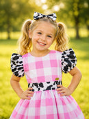 Vestido Infantil Xadrez Branco Rosa Fazendinha Vaquinha Laço