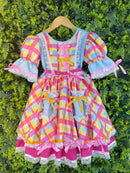 Vestido Junino Arraiá Festas Azul Xadrez Colorido