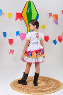 Conjunto Meninas Junino Cropped Colorido Branco C/ Mini Saia