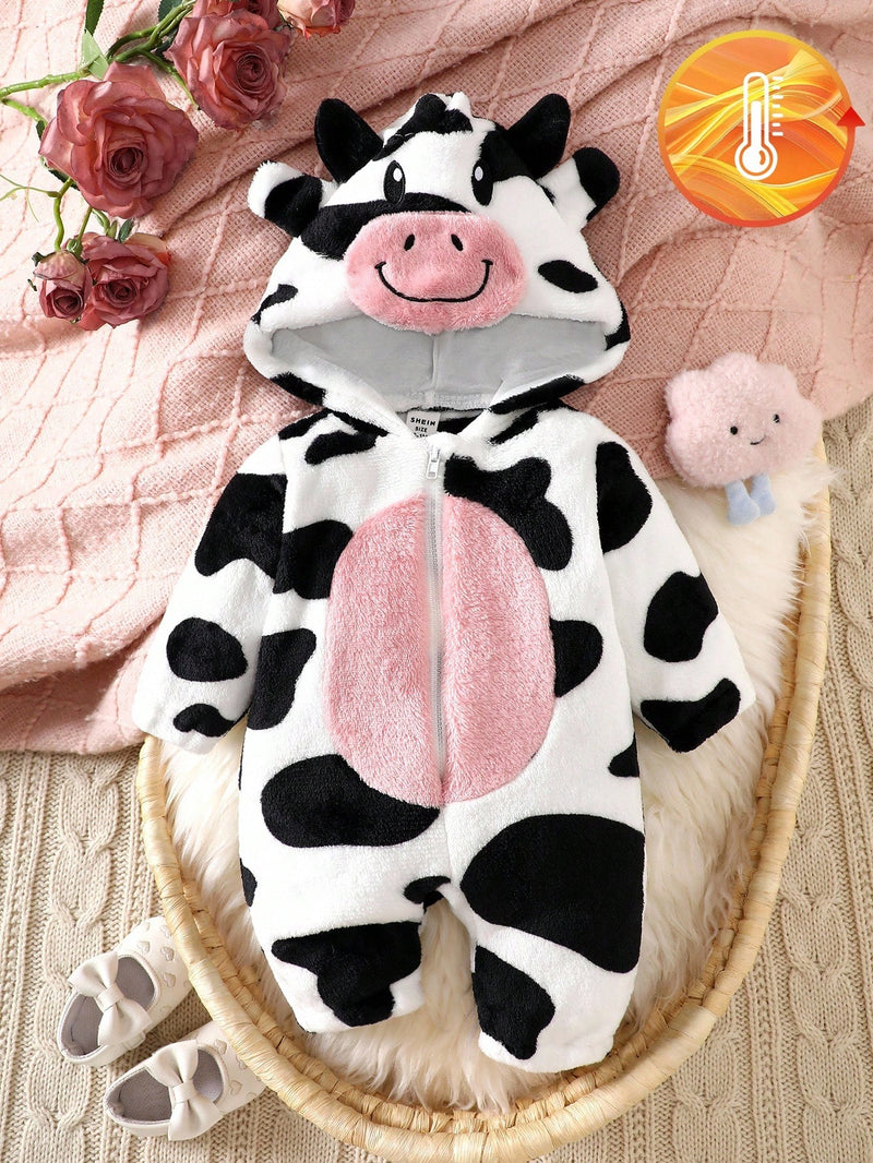 Macacão com capuz e design felpudo de vaca para bebê menina