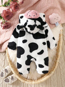 Macacão com capuz e design felpudo de vaca para bebê menina