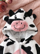 Macacão com capuz e design felpudo de vaca para bebê menina