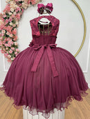 Vestido Infantil Marsala Rendado Luxo Flores em Aplique