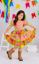 Vestido Infantil Junino Caipira Xadrez Laranja Flores Coloridas