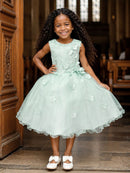 Vestido Infantil Verde Acqua C/ Renda e Aplique de Flores Damas