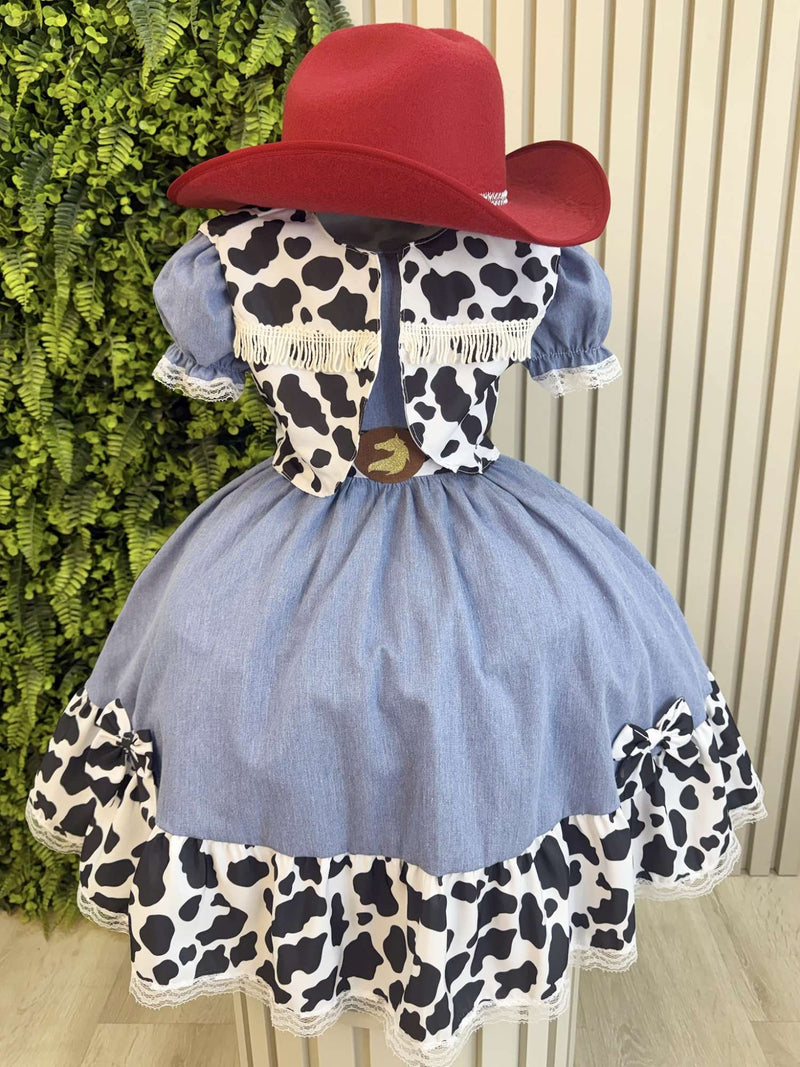 Conjunto Vestido e Colete Infantil Fazendinha Vaquinha Boiadeira Laço