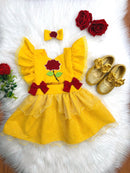 Romper Infantil Temático Princesa Bela Amarelo C/ Laço de Cabelo