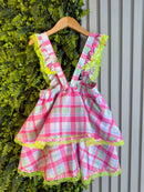 Conjunto Infantil Junino Salopete Xadrez Rosa Verde