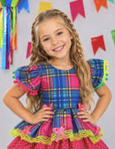 Vestido Infantil Junino Arraiá Capira Xadrez Azul Colorido