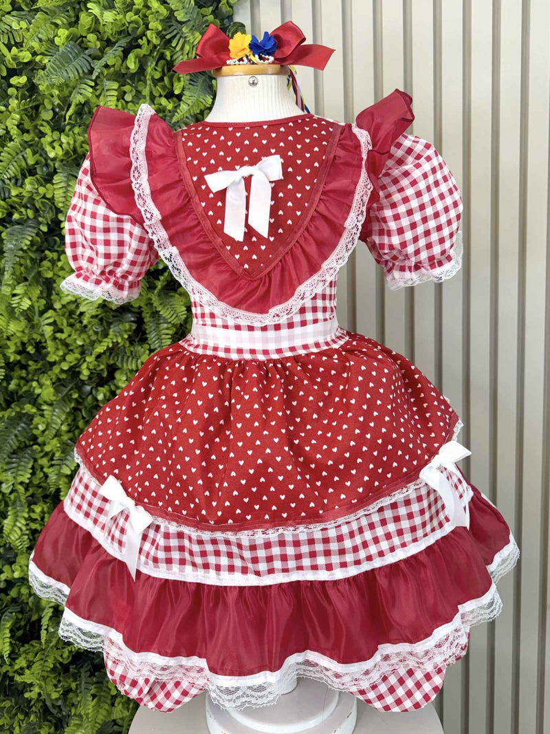 Vestido Junino Infantil  Vermelho Xadrez com Corações e Renda