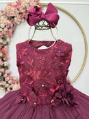 Vestido Infantil Marsala Rendado Luxo Flores em Aplique