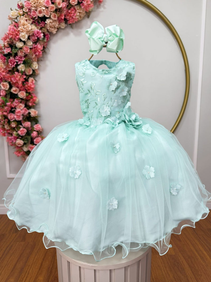 Vestido Infantil Verde Acqua C/ Renda e Aplique de Flores Damas