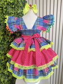 Vestido Infantil Junino Arraiá Capira Xadrez Azul Colorido