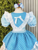 Vestido Junino Infantil Azul Turquesa Xadrez com Corações e Renda