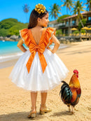 Vestido Infantil da Moana Laranja C/ Apliques de Flores Festa