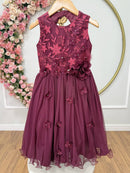 Vestido Infantil Marsala Rendado Luxo Flores em Aplique