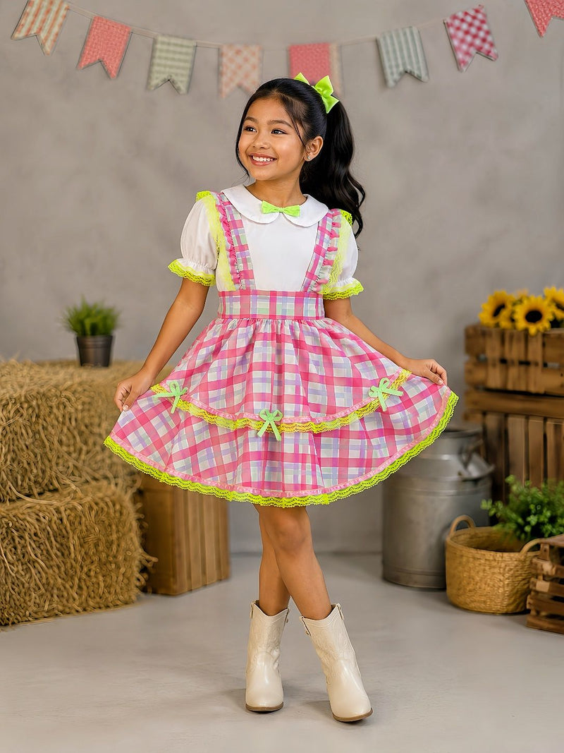 Conjunto Infantil Junino Salopete Xadrez Rosa Verde