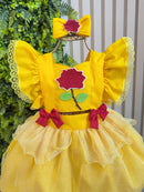 Romper Infantil Temático Princesa Bela Amarelo C/ Laço de Cabelo