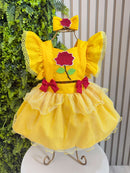 Romper Infantil Temático Princesa Bela Amarelo C/ Laço de Cabelo