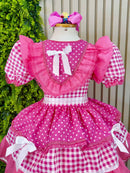 Vestido Junino Infantil  Pink Xadrez com Corações e Renda