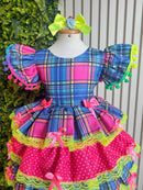 Vestido Infantil Junino Arraiá Capira Xadrez Azul Colorido