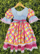 Vestido Junino Arraiá Festas Azul Xadrez Colorido