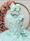 Vestido Infantil Verde Acqua C/ Renda e Aplique de Flores Damas