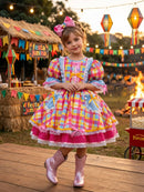 Vestido Junino Arraiá Festas Azul Xadrez Colorido