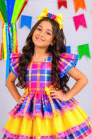 Vestido Infantil Junino Arraiá Capira Xadrez Colorido com Laços e Renda