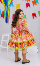 Vestido Infantil Junino Caipira Xadrez Laranja Flores Coloridas