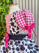 Vestido Infantil Xadrez Pink Fazendinha Vaquinha Boiadeira Laço