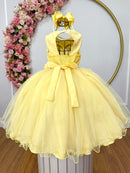 Vestido Infantil Amarelo Rendado Luxo Flores em Aplique