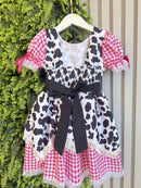 Vestido Infantil Xadrez Pink Fazendinha Vaquinha Boiadeira Laço