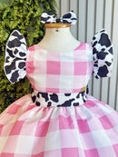 Vestido Infantil Xadrez Branco Rosa Fazendinha Vaquinha Laço
