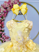 Vestido Infantil Amarelo Rendado Luxo Flores em Aplique