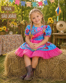 Vestido Infantil Junino Festas Azul Florzinhas Coloridas