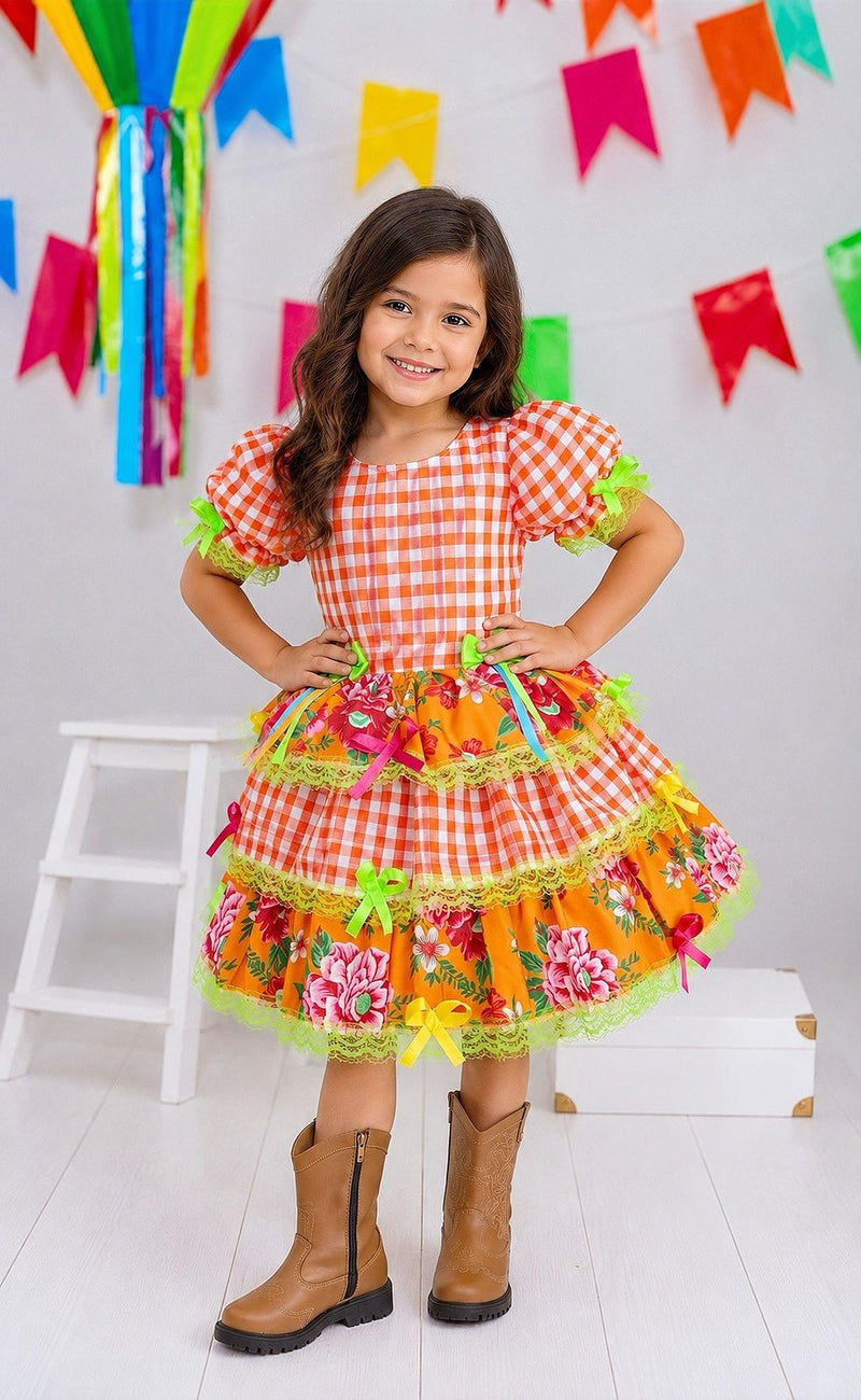 Vestido Infantil Junino Caipira Xadrez Laranja Flores Coloridas