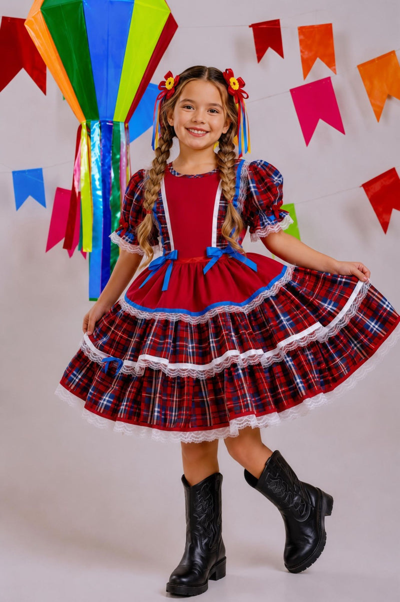 Vestido infantil Junino Arraiá Festa Vermelho Xadrez Colorido