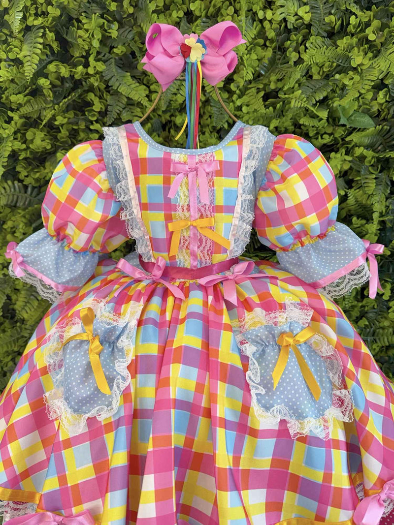 Vestido Junino Arraiá Festas Azul Xadrez Colorido