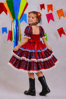 Vestido infantil Junino Arraiá Festa Vermelho Xadrez Colorido