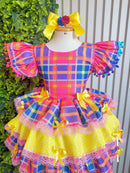 Vestido Infantil Junino Arraiá Capira Xadrez Colorido com Laços e Renda