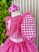 Vestido Junino Infantil  Pink Xadrez com Corações e Renda
