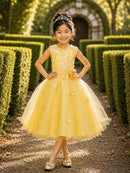 Vestido Infantil Amarelo Rendado Luxo Flores em Aplique