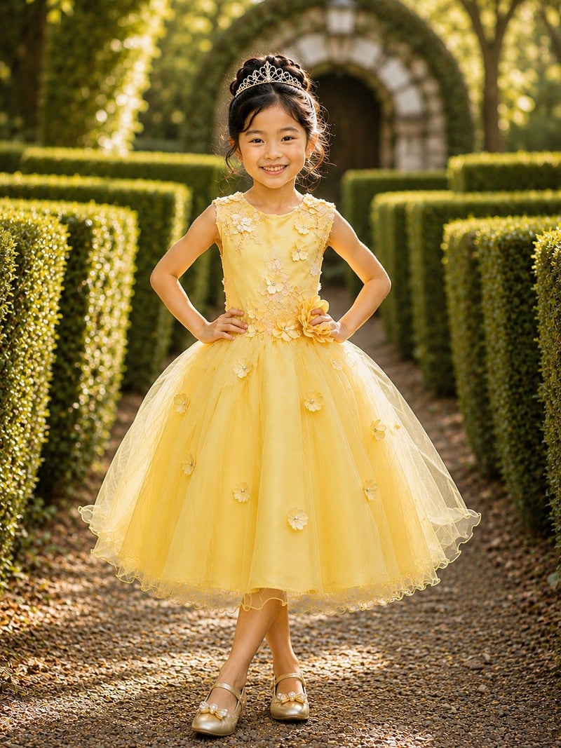Vestido Infantil Amarelo Rendado Luxo Flores em Aplique