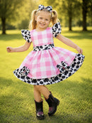 Vestido Infantil Xadrez Branco Rosa Fazendinha Vaquinha Laço