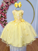 Vestido Infantil Amarelo Rendado Luxo Flores em Aplique